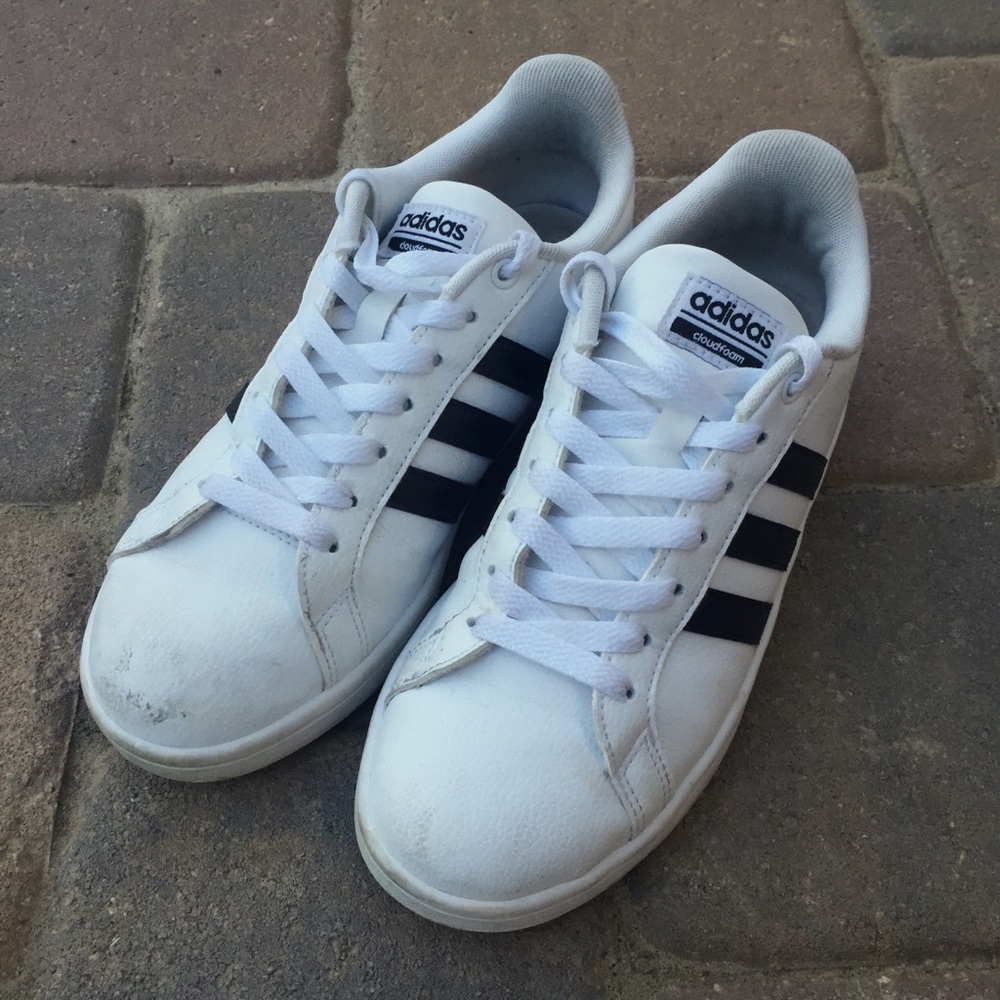 White Adidas Three Stripe Cloudfoam Sneakers